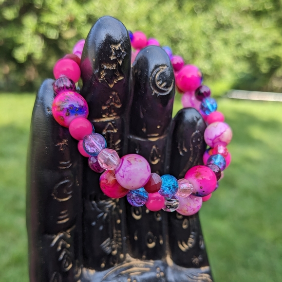 Hot Pink Beads Sparkly Bracelet Glam Cute Handmade Beads Barbie - Picture 7 of 14